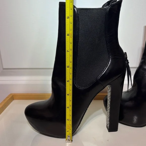 Miu Miu Black Leather Platform Ankle Boots with Glitter Block Heel - Picture 10 of 15